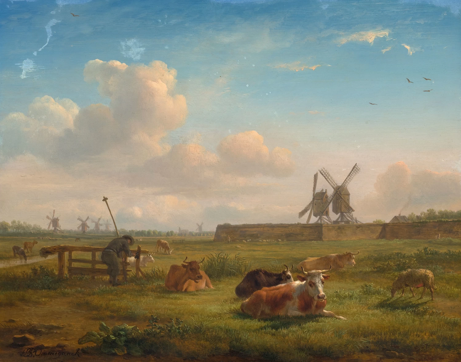 Balthasar Ommeganck - Paesaggio con mucche e mulini a vento